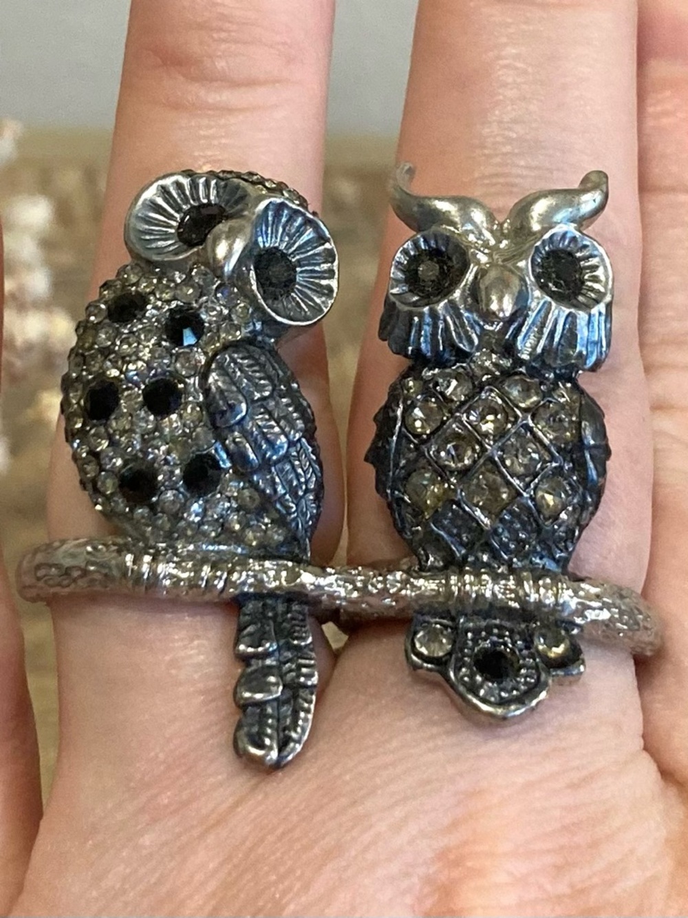 Double Owl Ring with Black Accents Silver Tone - Picture 2 of 10